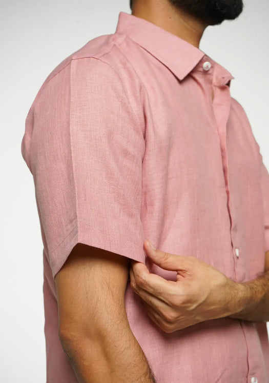 Men Rose Taupe Pure Linen Short Sleeve Shirt