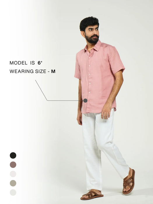 Men Rose Taupe Pure Linen Short Sleeve Shirt