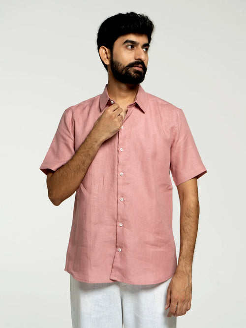 Men Rose Taupe Pure Linen Short Sleeve Shirt
