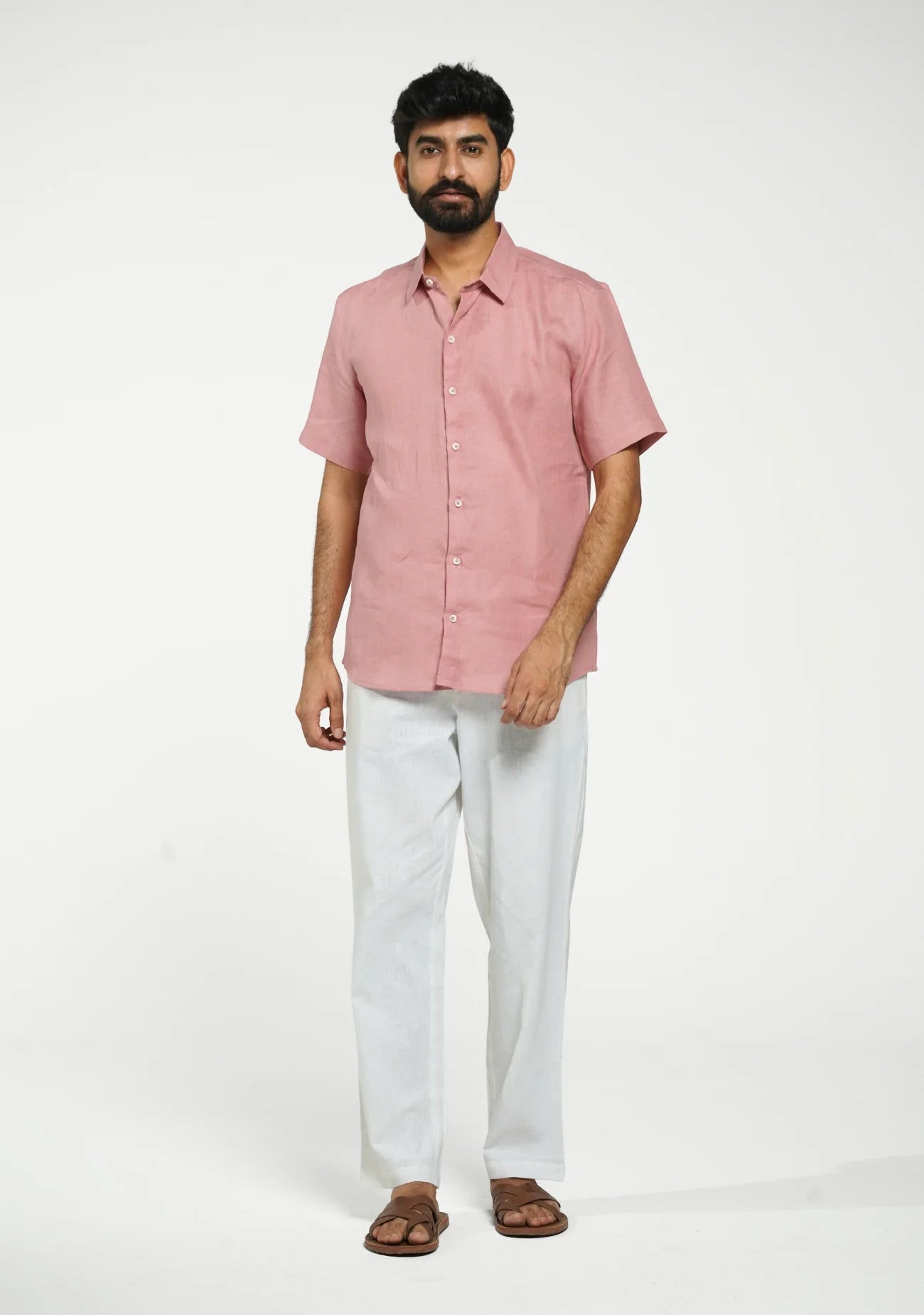 Men Rose Taupe Pure Linen Short Sleeve Shirt