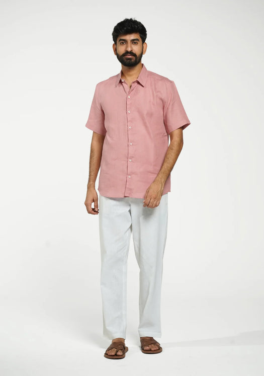 Men Rose Taupe Pure Linen Short Sleeve Shirt