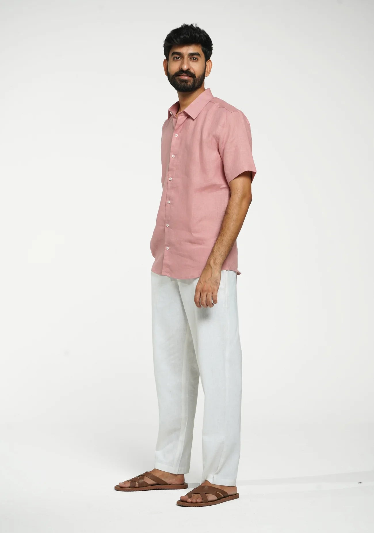Men Rose Taupe Pure Linen Short Sleeve Shirt