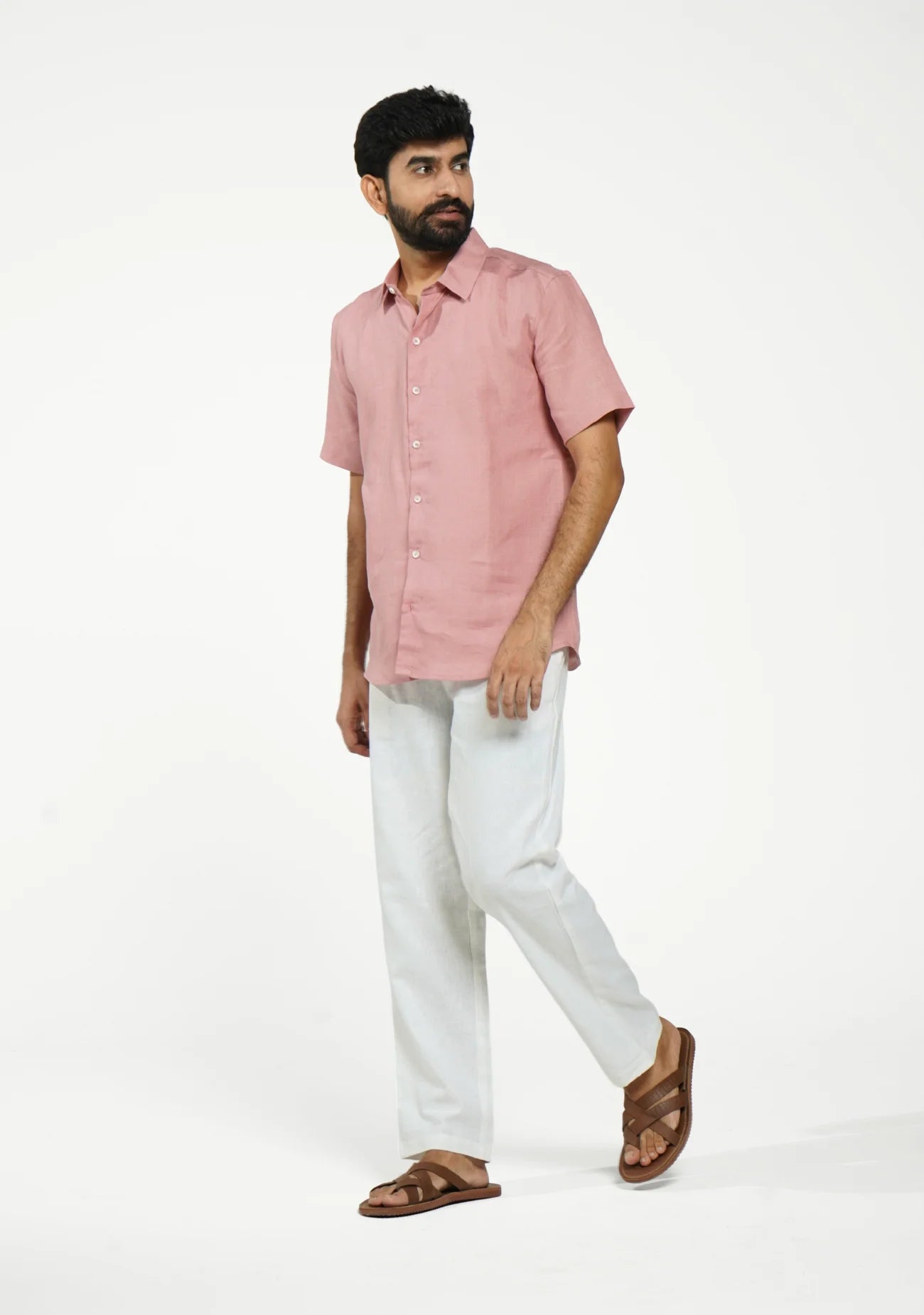 Men Rose Taupe Pure Linen Short Sleeve Shirt
