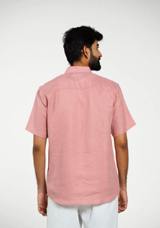 Men Rose Taupe Pure Linen Short Sleeve Shirt