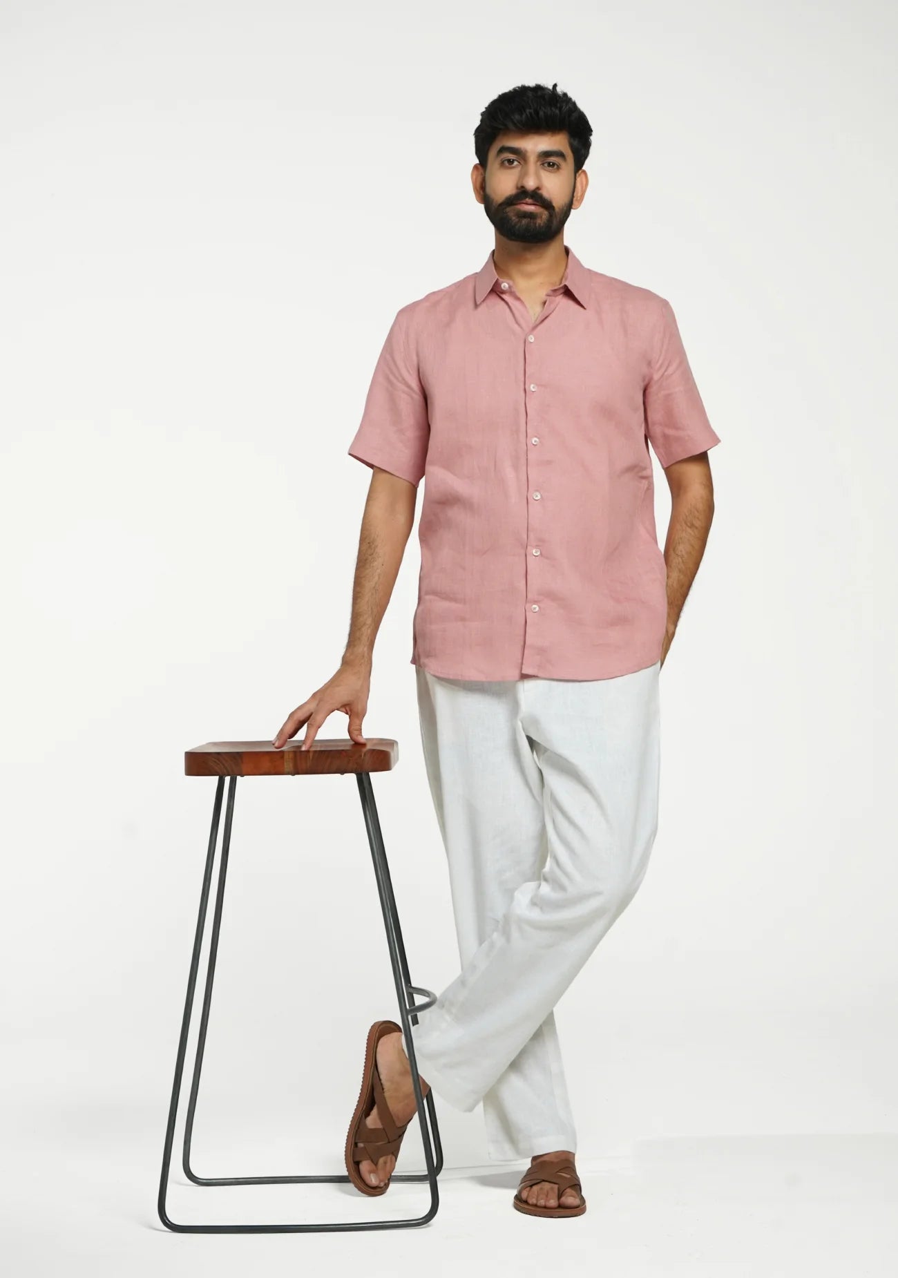 Men Rose Taupe Pure Linen Short Sleeve Shirt