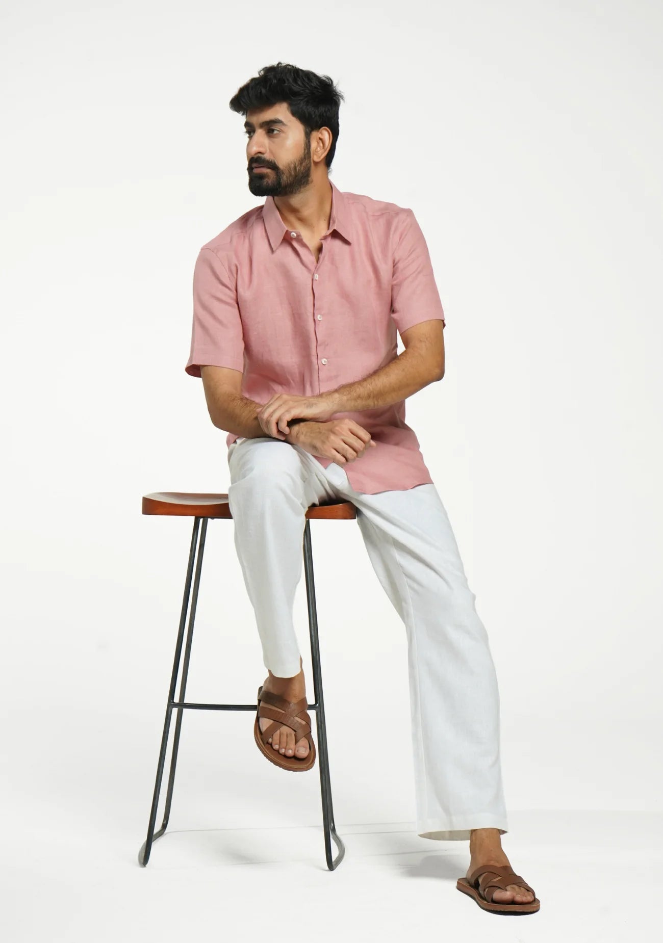 Men Rose Taupe Pure Linen Short Sleeve Shirt