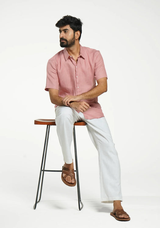 Men Rose Taupe Pure Linen Short Sleeve Shirt