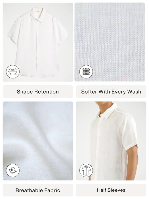 Men White Pure Linen Short Sleeve Shirt