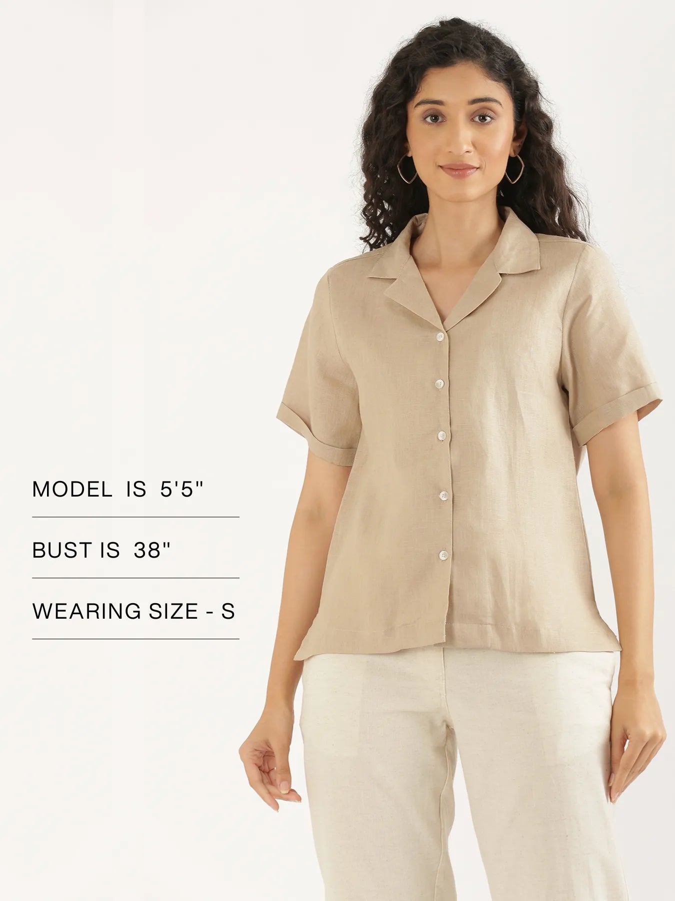 Women Taupe Pure Linen Notch Collar Shirt