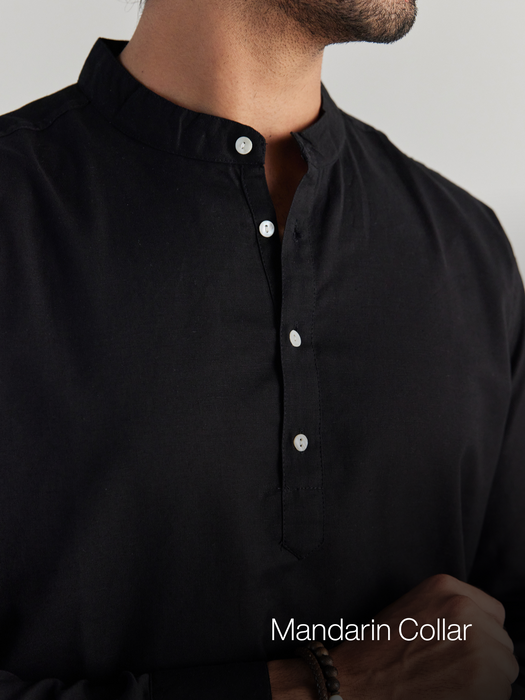 Men Black Airy Linen Short Kurta