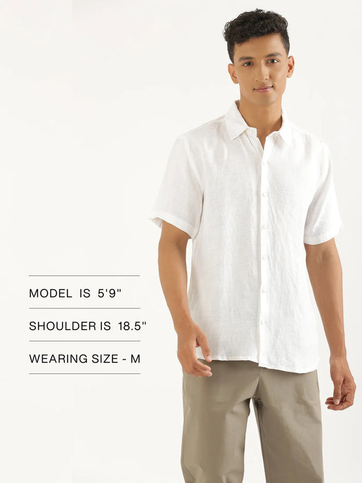 Men White Pure Linen Short Sleeve Shirt