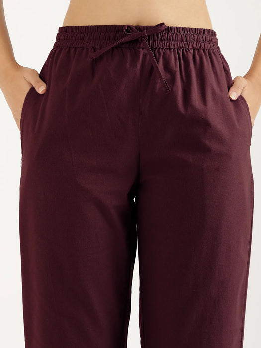 Women Wine Cotton Straight Pant