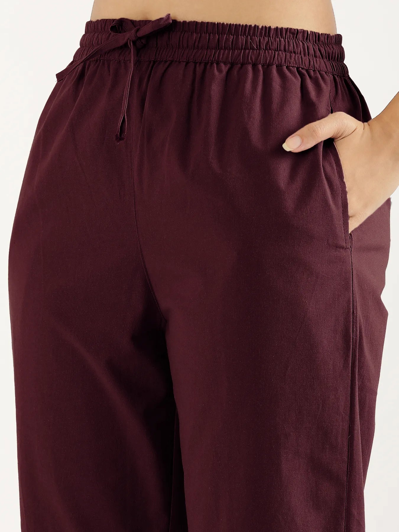 Women Wine Cotton Straight Pant
