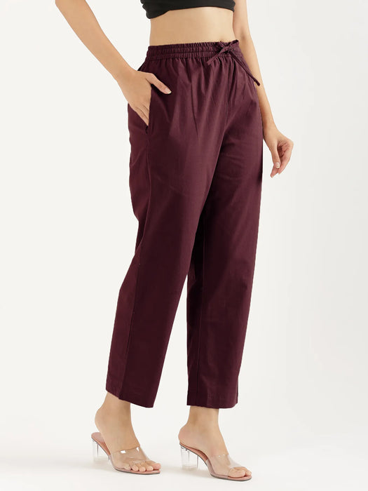 Women Wine Cotton Straight Pant
