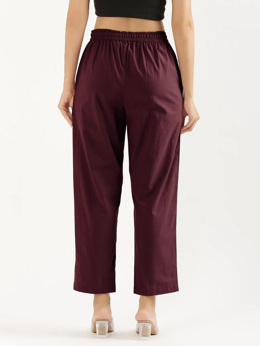 Women Wine Cotton Straight Pant