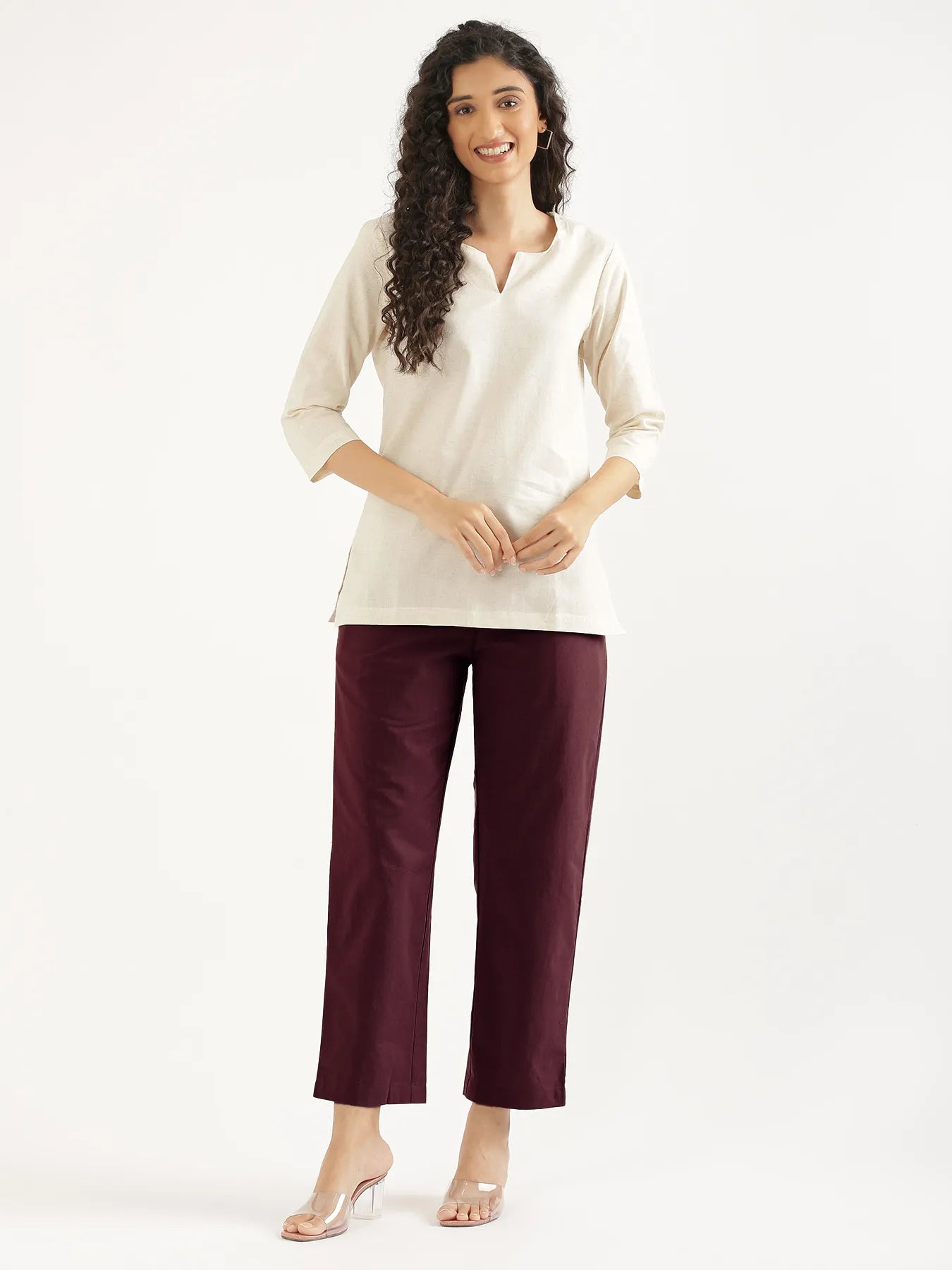 Women Wine Cotton Straight Pant