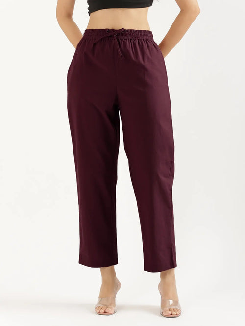 Women Wine Cotton Straight Pant
