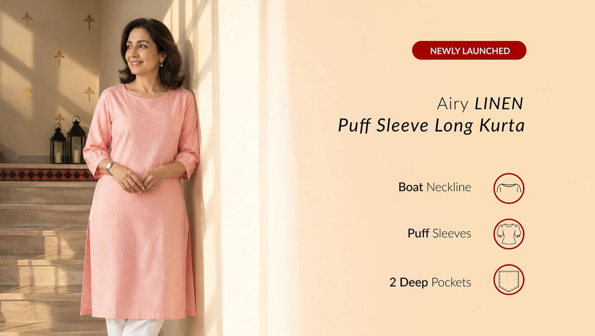 Women Airy Linen Puff Sleeve Long Kurta