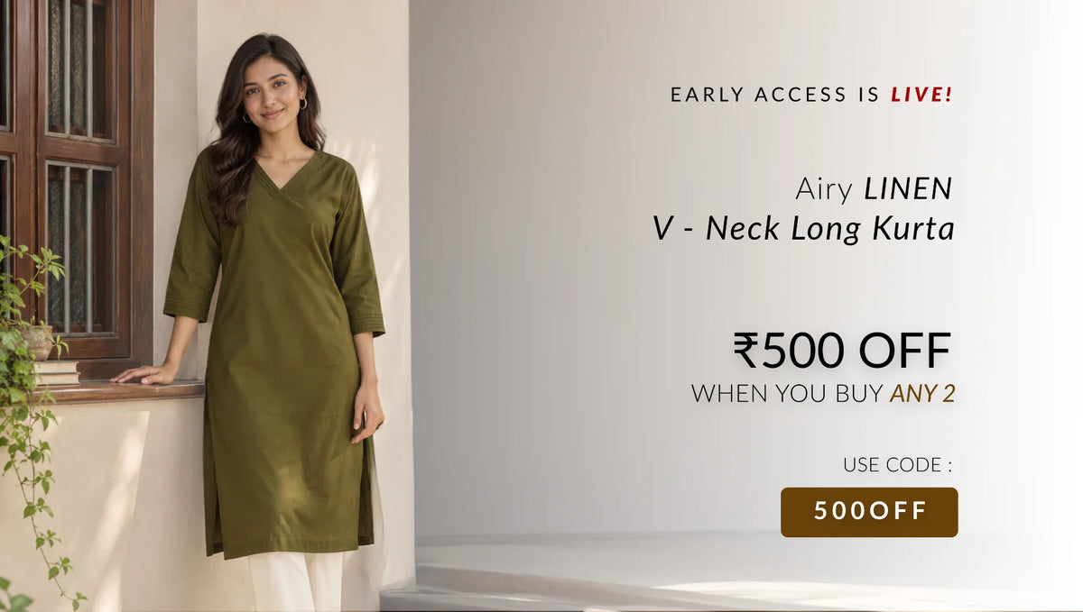 Women Airy Linen V-Neck Long Kurta