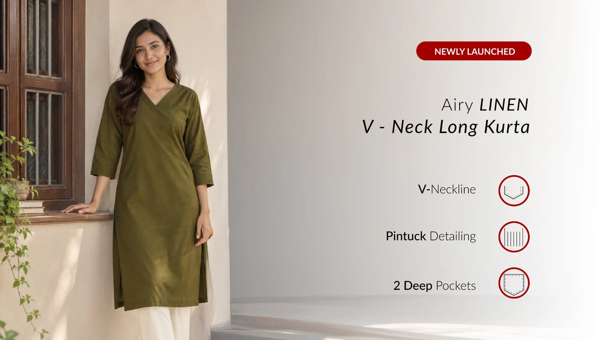 Women Airy Linen V-Neck Long Kurta
