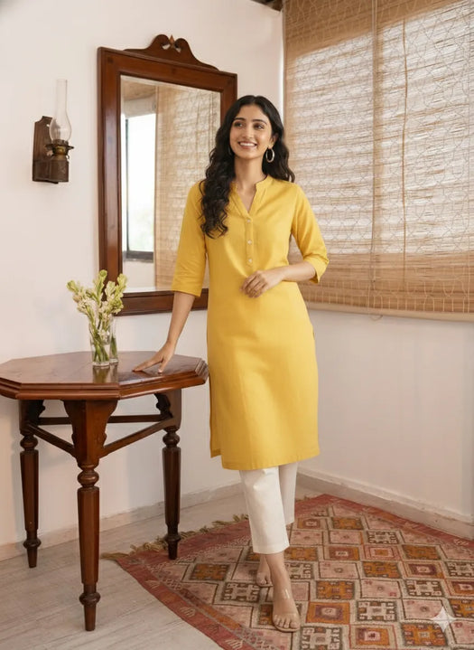 Women Yellow Airy Linen Long Kurta & Beige Cotton Pant Set
