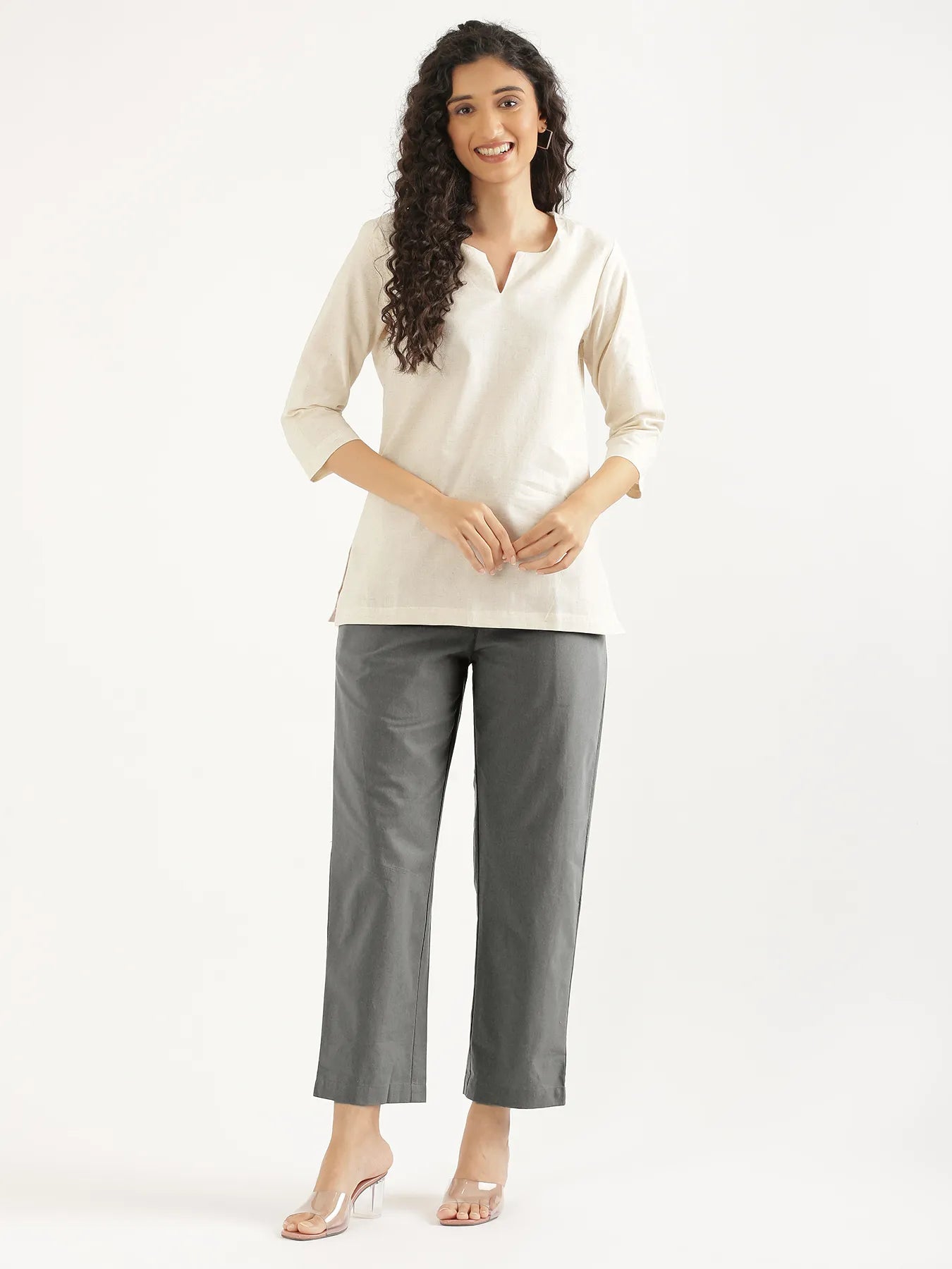 Women Cement Grey Cotton Straight Pant