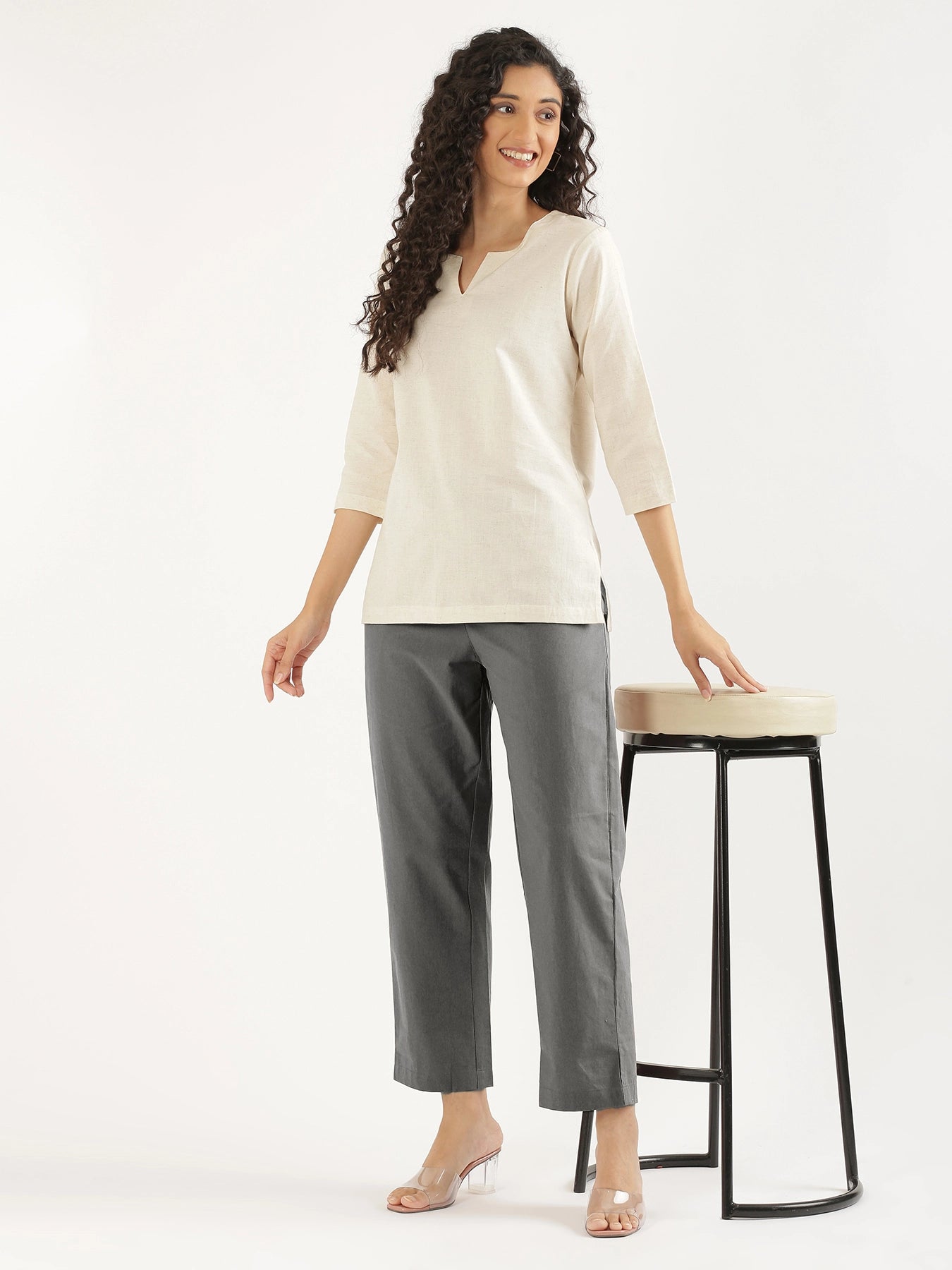 Women Cement Grey Cotton Straight Pant