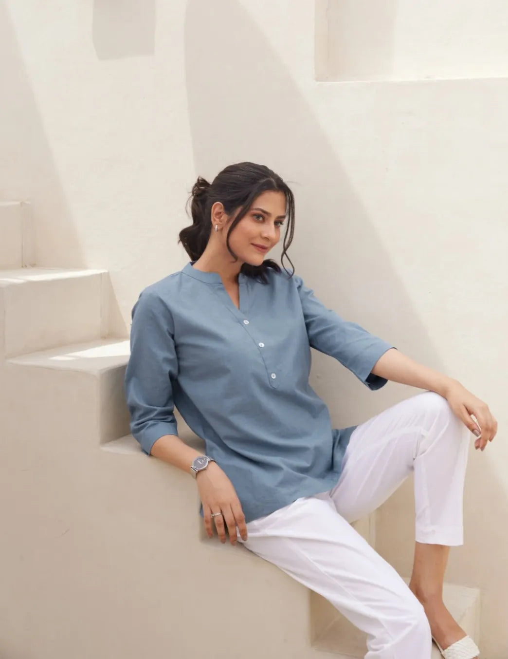 Women English Blue Airy Linen Short Kurta