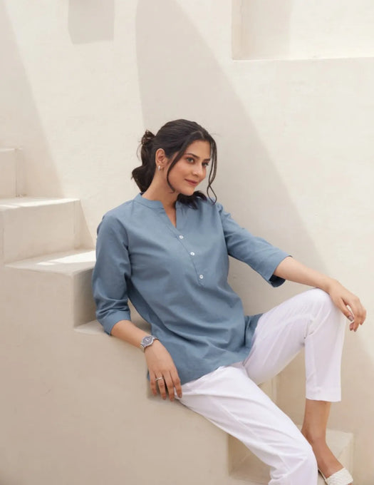 Women English Blue Airy Linen Short Kurta