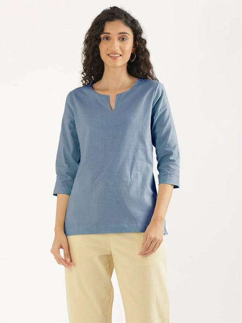 Women English Blue Airy Linen Split Neck Short Kurta
