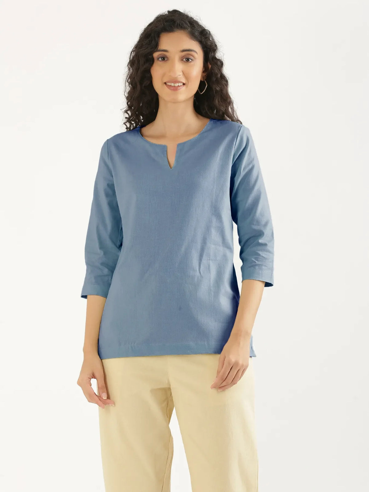 Pick Any 5 Women Airy Linen Split Neck Short Kurta - English Blue
