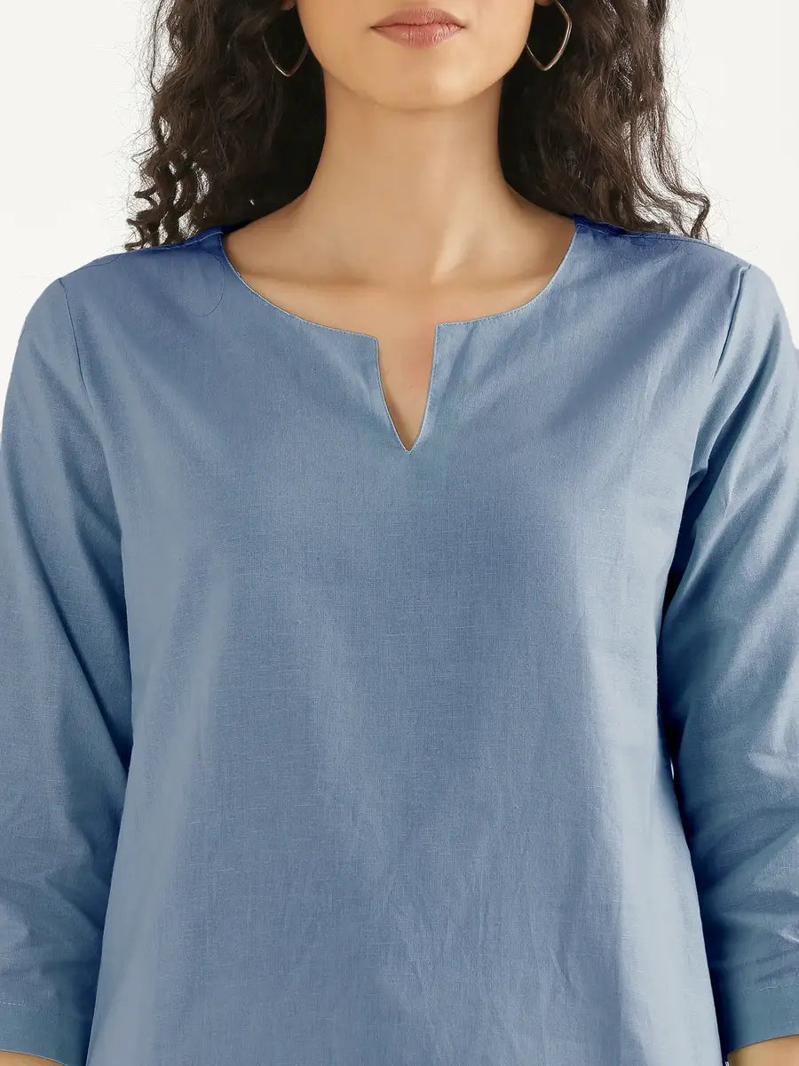 Women English Blue Airy Linen Split Neck Short Kurta