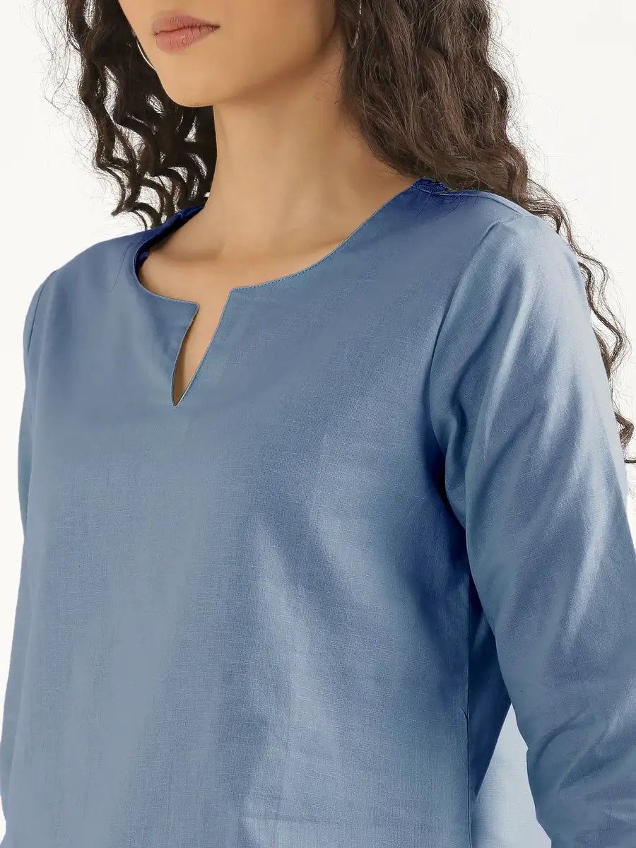Women English Blue Airy Linen Split Neck Short Kurta