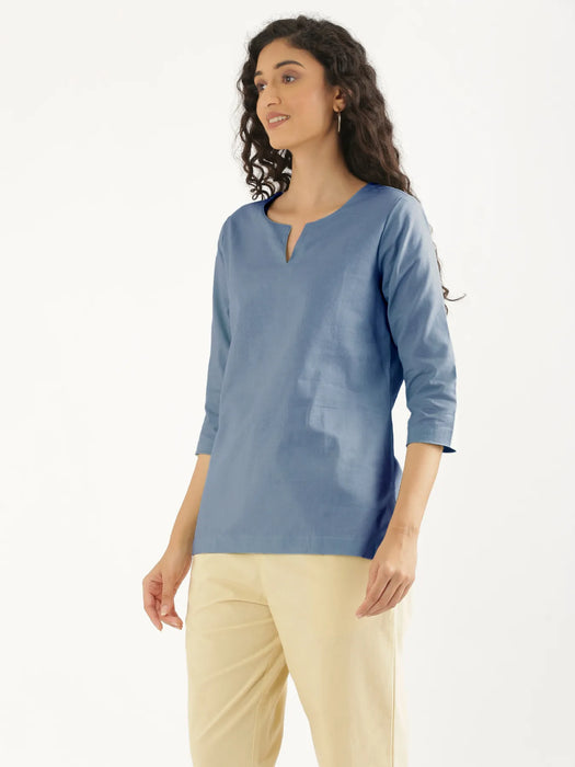 Women English Blue Airy Linen Split Neck Short Kurta