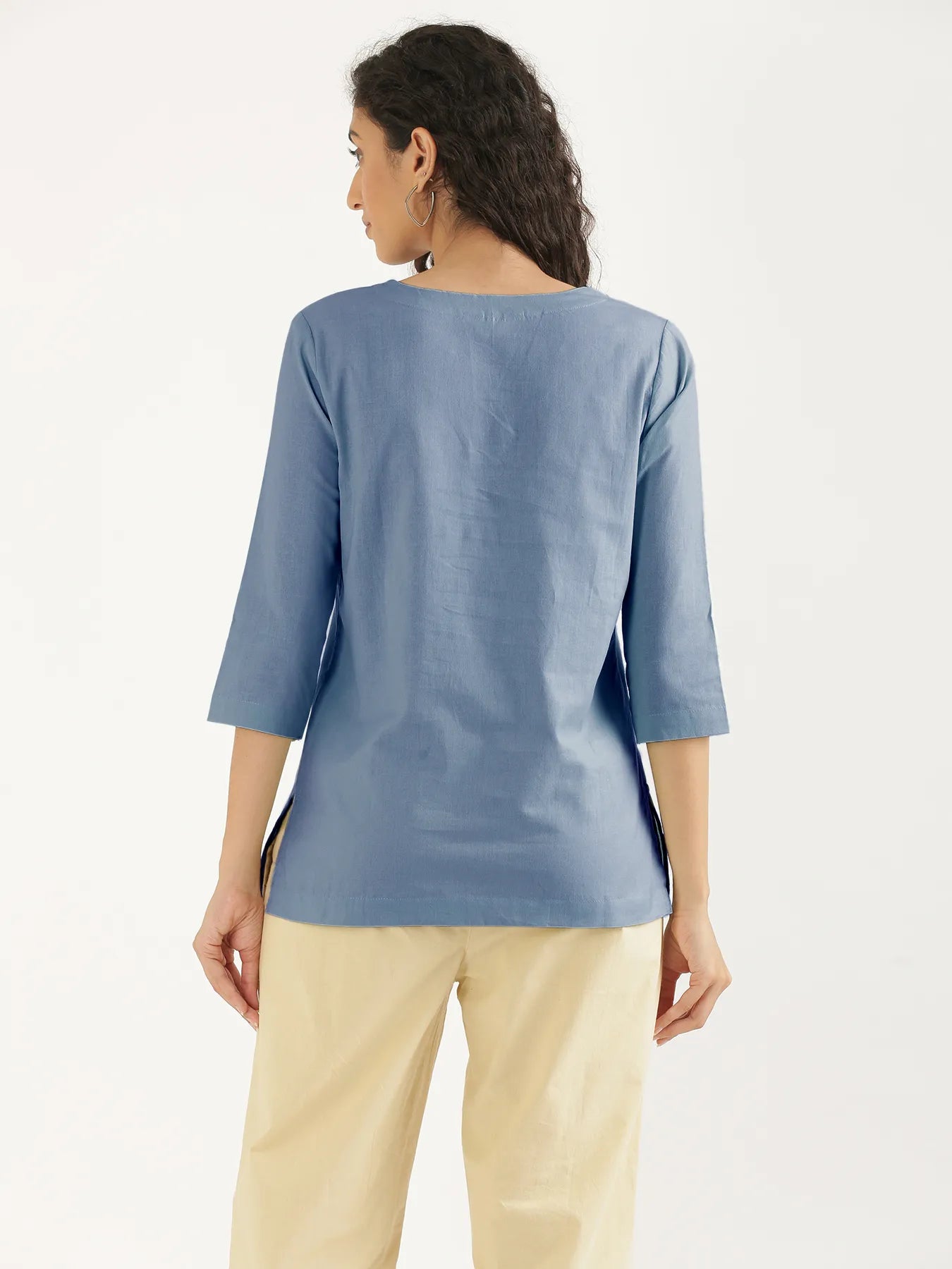 Women English Blue Airy Linen Split Neck Short Kurta