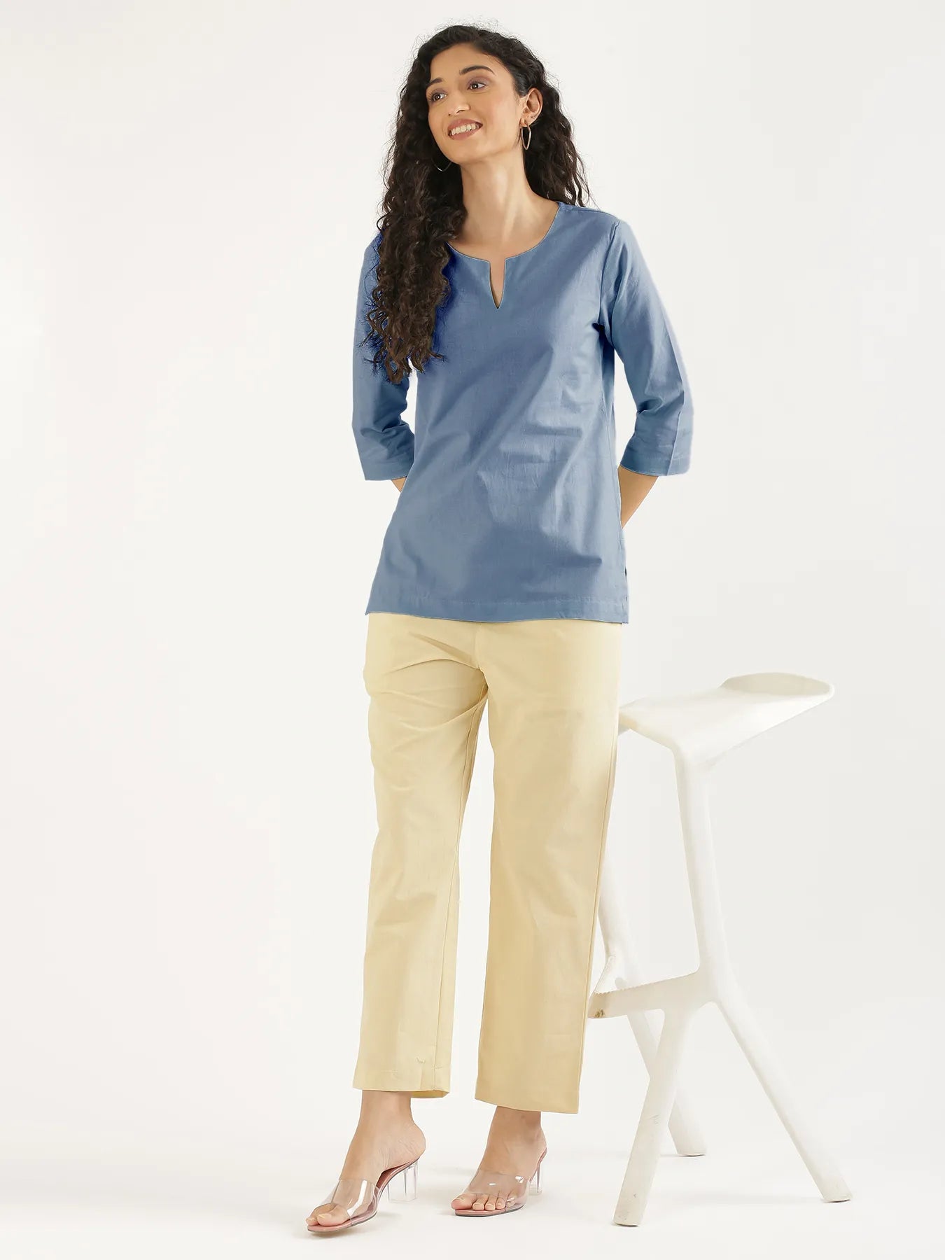 Women English Blue Airy Linen Split Neck Short Kurta