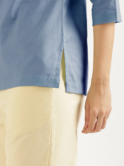 Women English Blue Airy Linen Split Neck Short Kurta