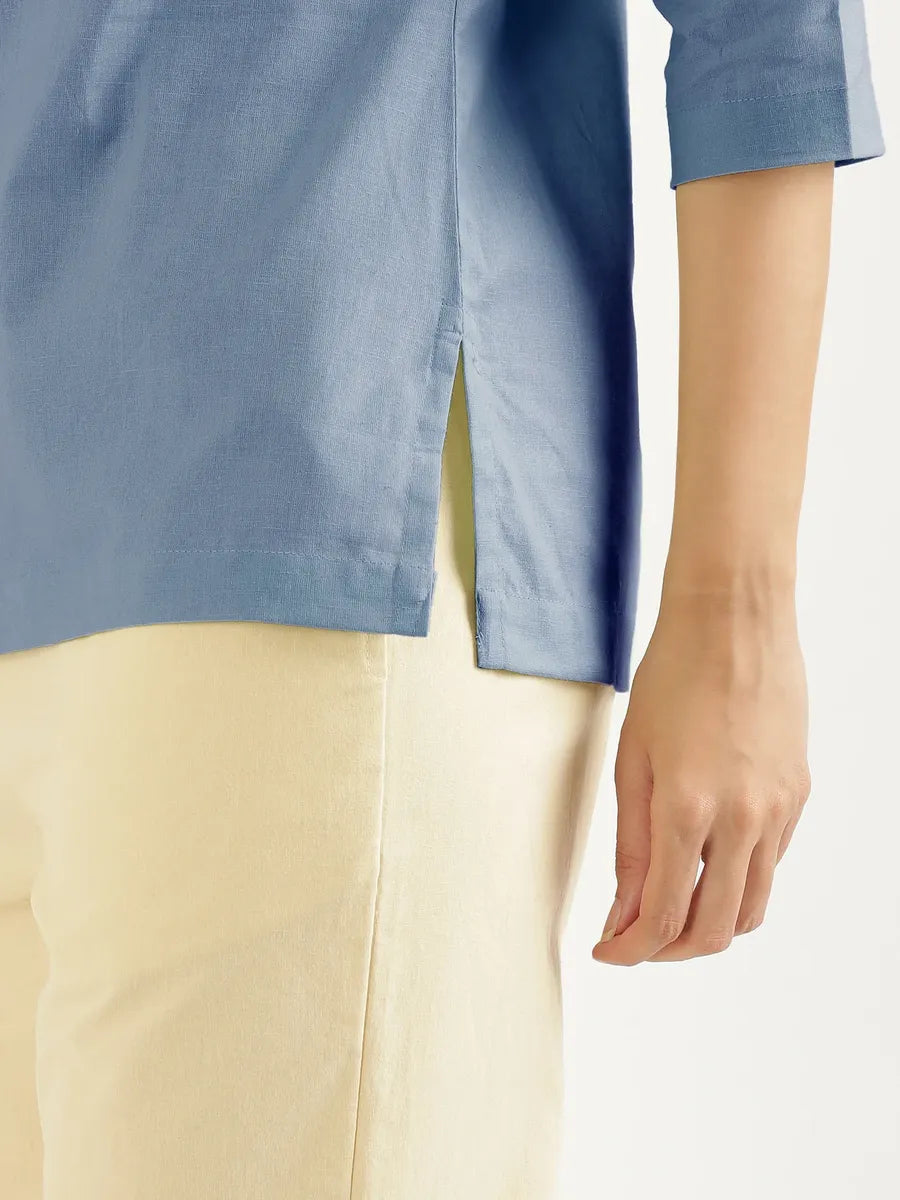 Women English Blue Airy Linen Split Neck Short Kurta