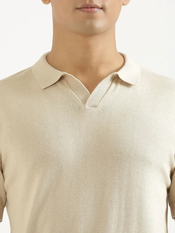 Men Beige Flat Knit Polo