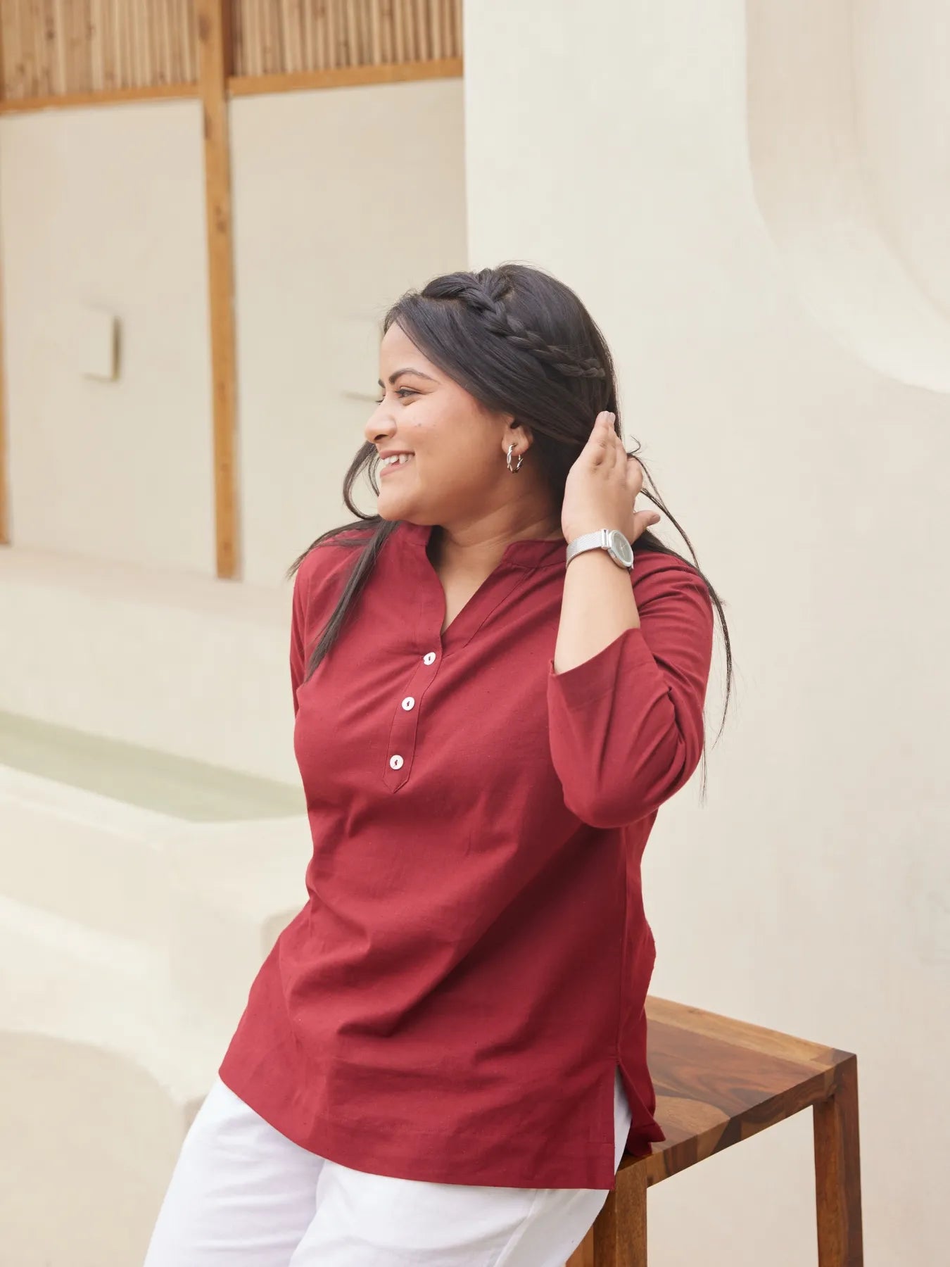 Women Maroon Airy Linen Short Kurta