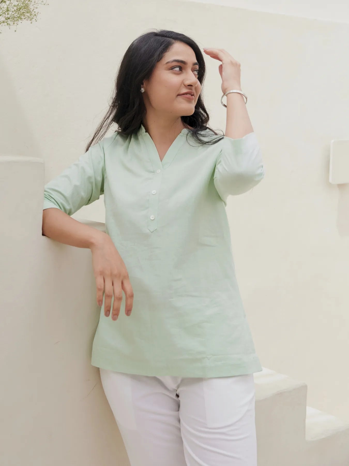Women Mint Green Airy Linen Short Kurta