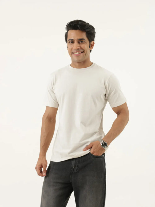 Men Off White Round Neck T-shirt