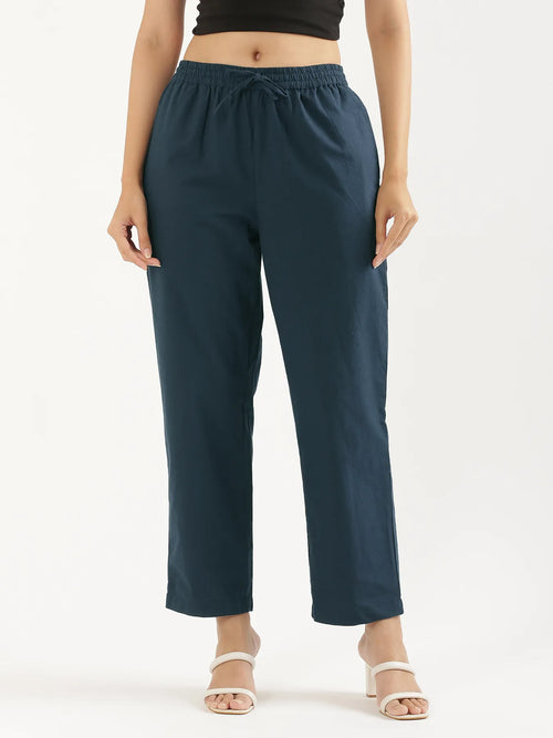 Women Peacock Blue Cotton Straight Pant