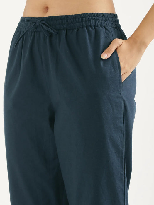 Women Peacock Blue Cotton Straight Pant