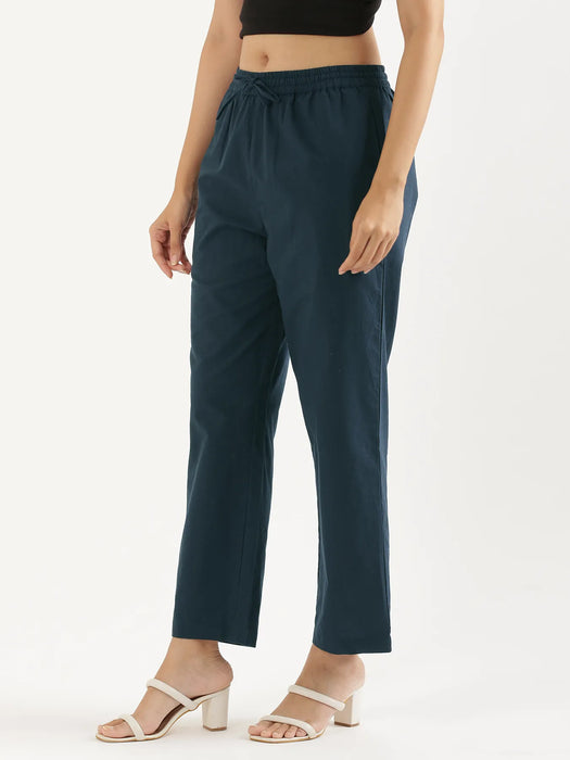 Women Peacock Blue Cotton Straight Pant