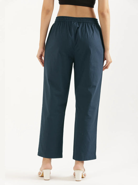 Women Peacock Blue Cotton Straight Pant