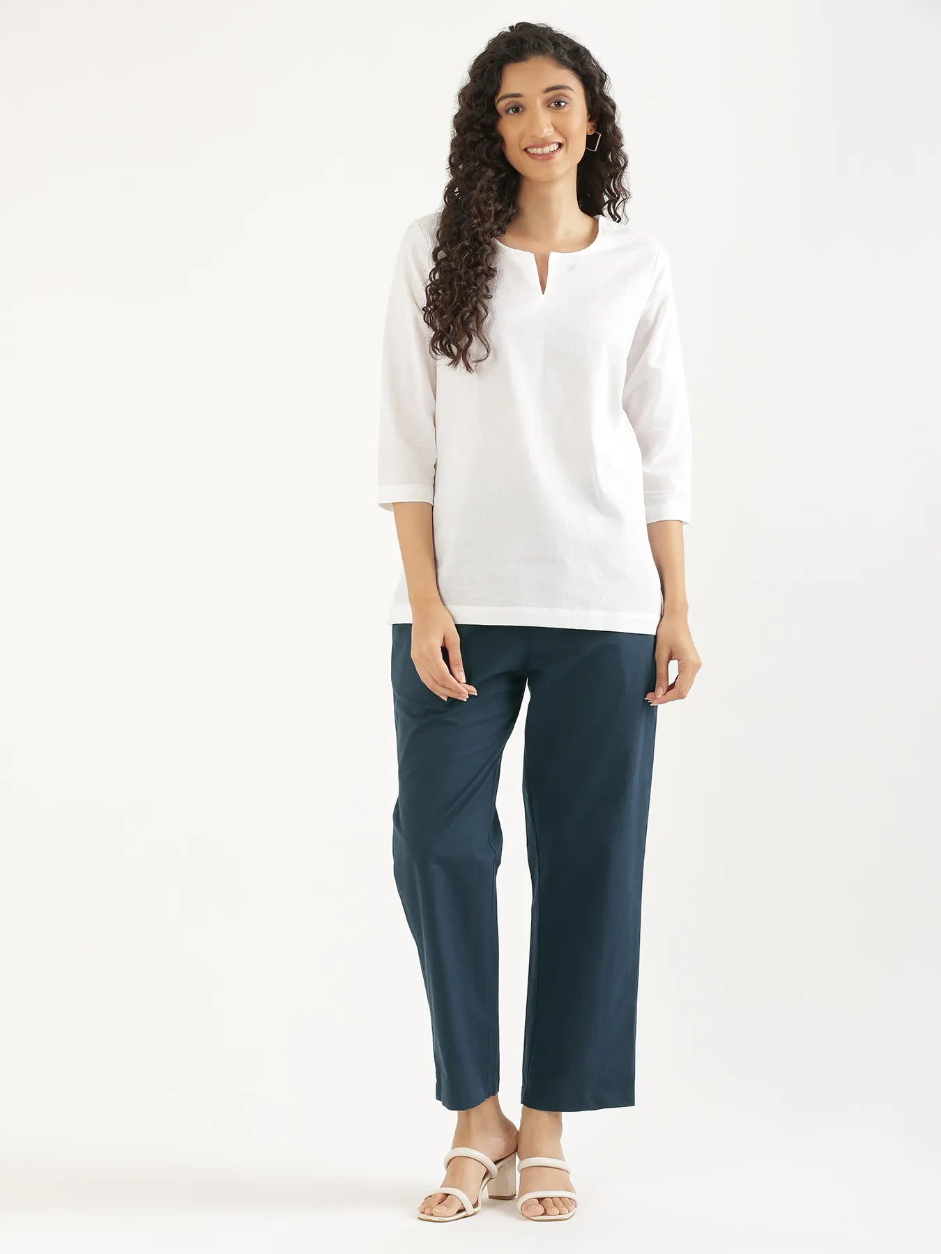 Women Peacock Blue Cotton Straight Pant