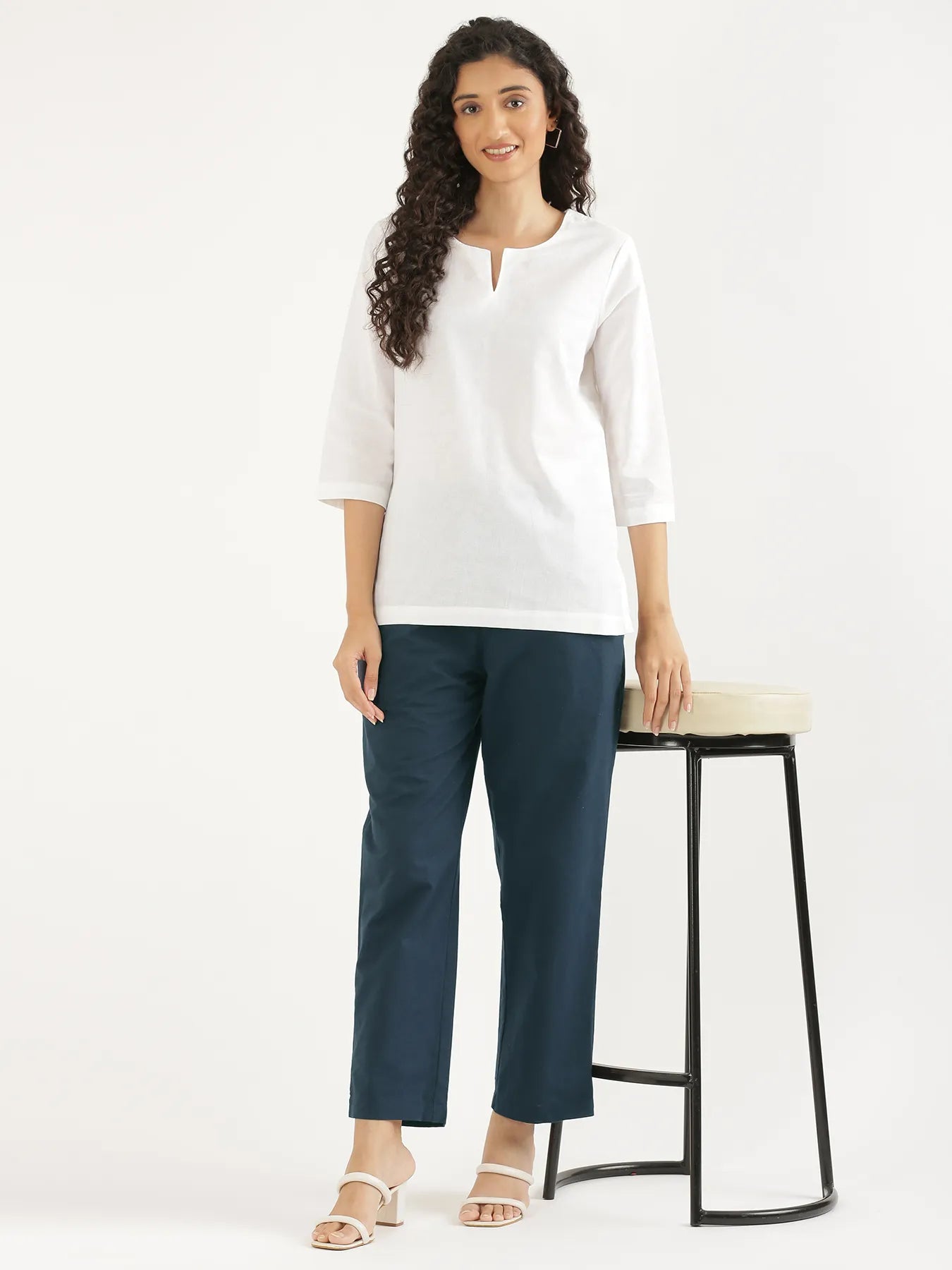 Women Peacock Blue Cotton Straight Pant