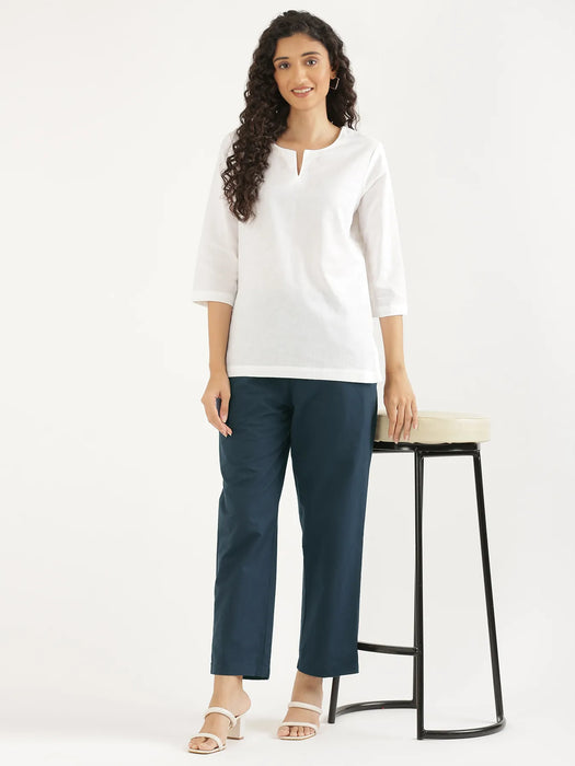 Women Peacock Blue Cotton Straight Pant