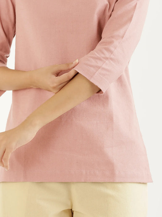 Women Salmon Pink Airy Linen Split Neck Short Kurta